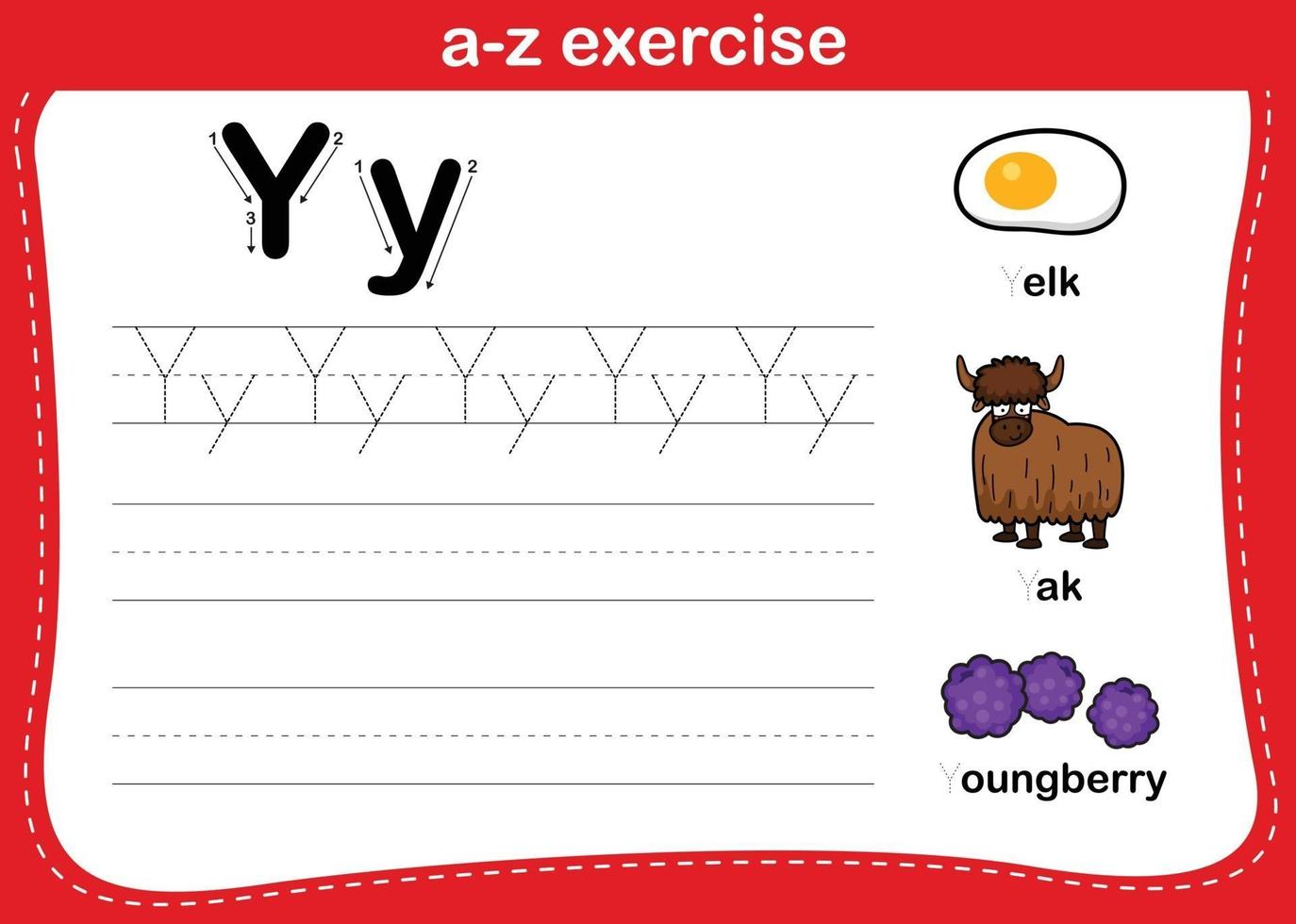 Alphabet a-z exercise with cartoon vocabulary illustration, vector