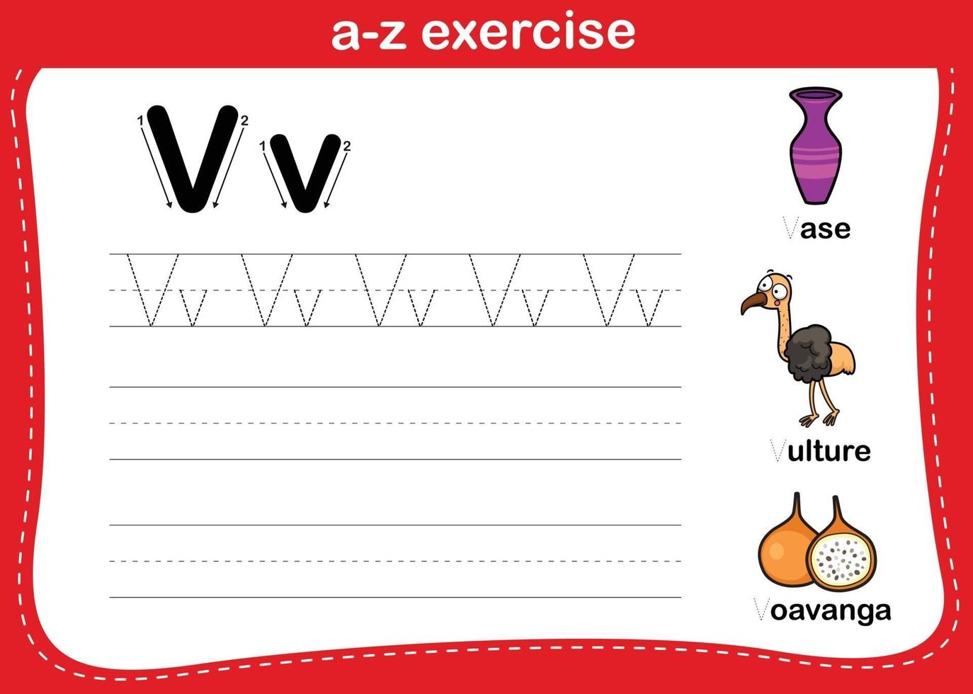 Ejercicio de alfabeto az con ilustración de vocabulario de dibujos animados, vector