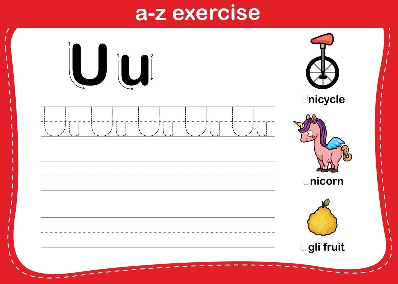 Alphabet a-z exercise with cartoon vocabulary illustration, vector