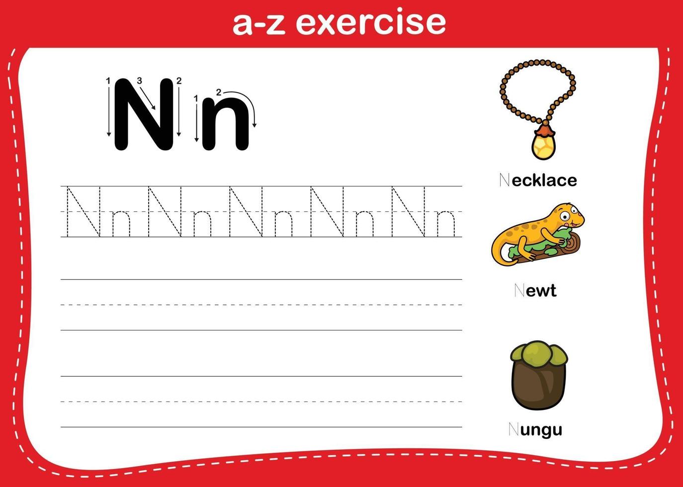 Alphabet a-z exercise with cartoon vocabulary illustration, vector