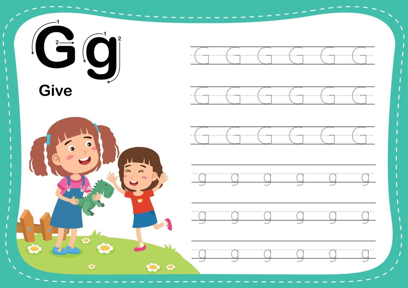 letra del alfabeto g: haz ejercicio con vocabulario de chica cortada vector