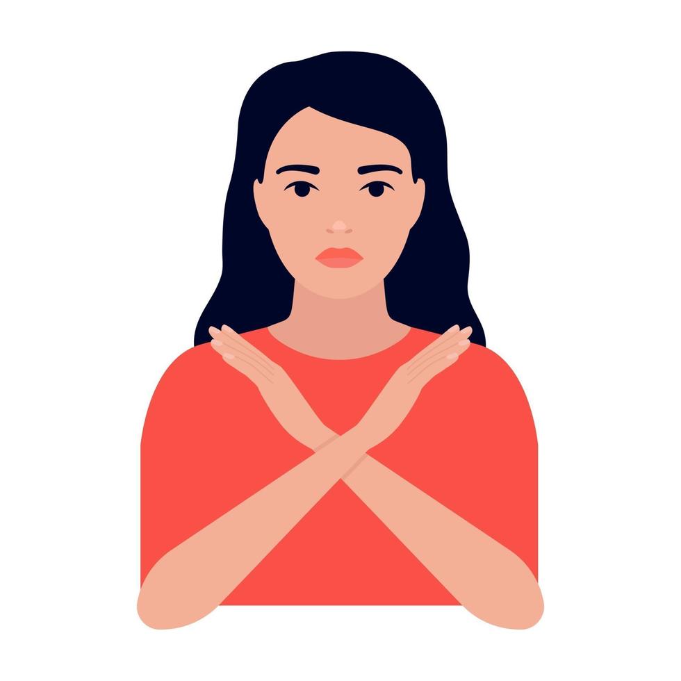 Young woman crossed her arms, sign of protest, refusal and rejection vector