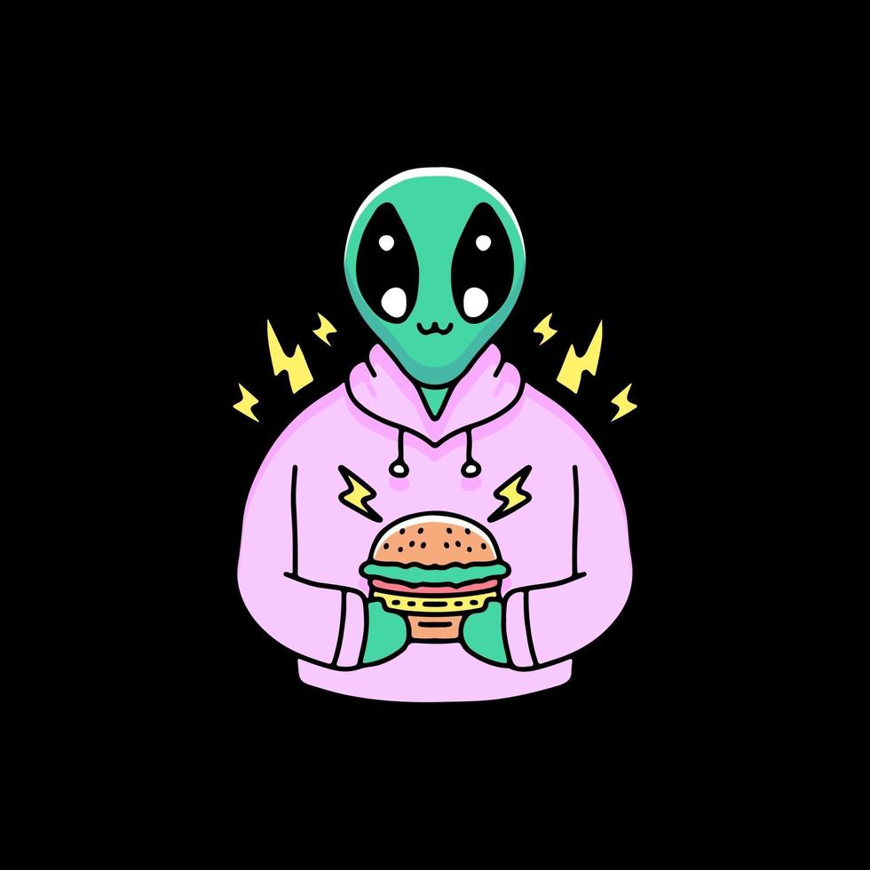 Alien de hip hop con hamburguesa, ilustración para pegatinas y camiseta. vector