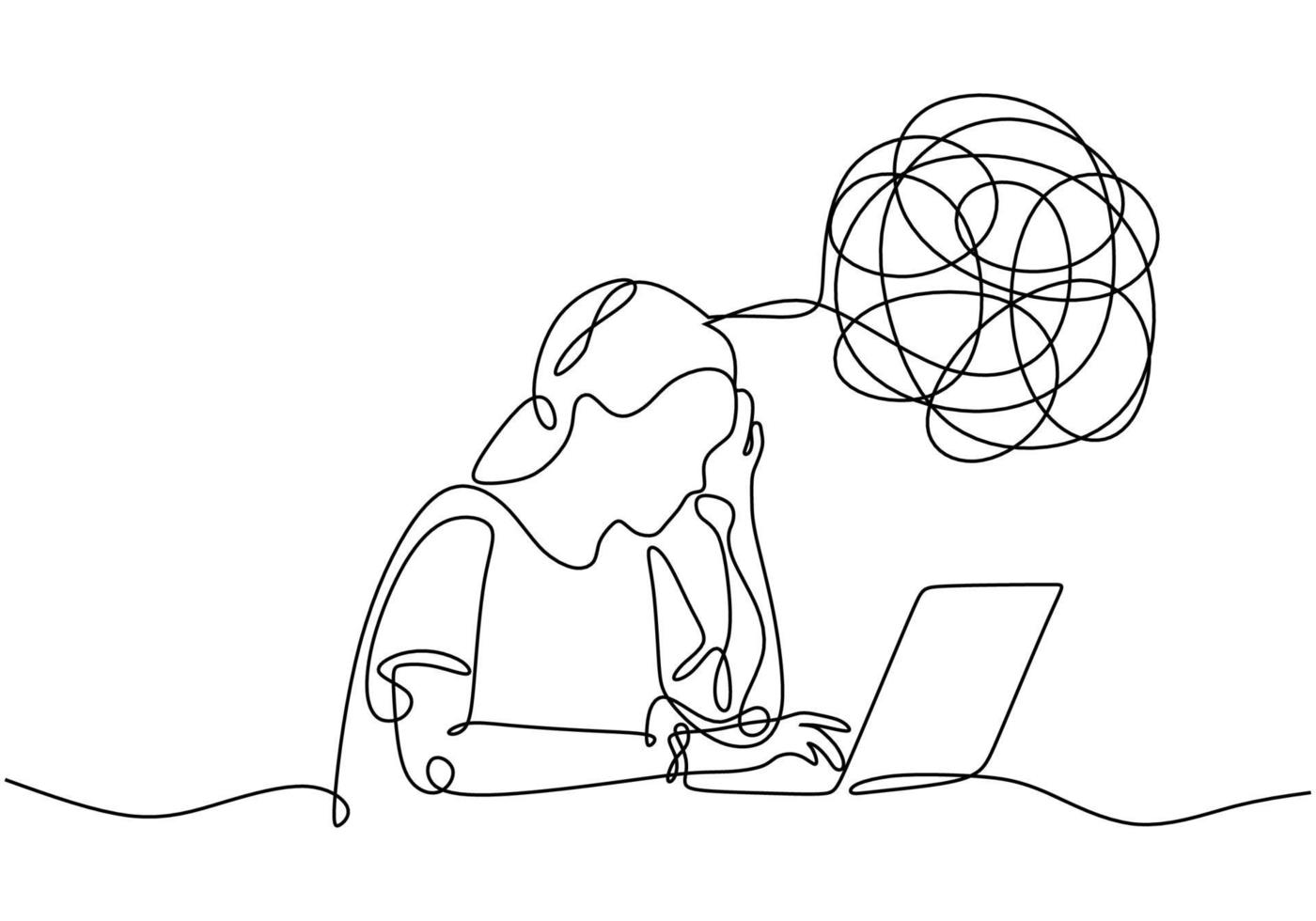 Sad, unhappy young woman continuous line drawing vector