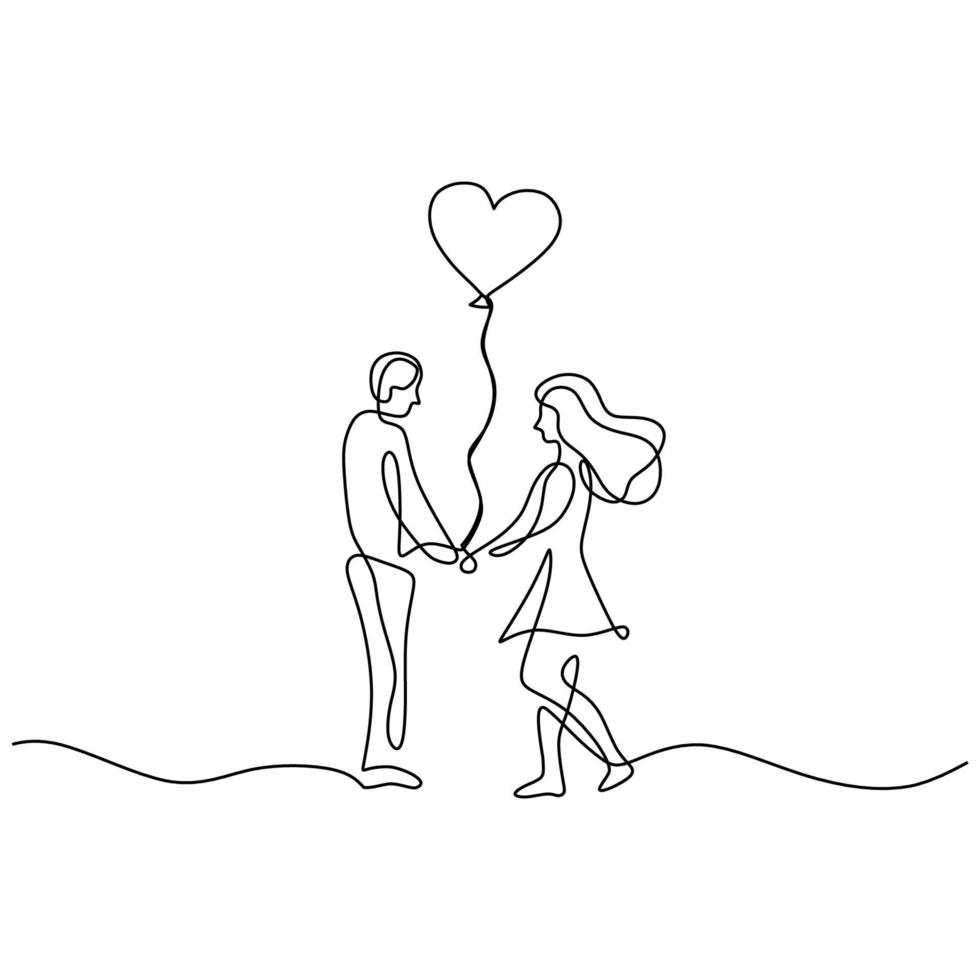 drawing a continuous line of romantic couple playing balloon vector