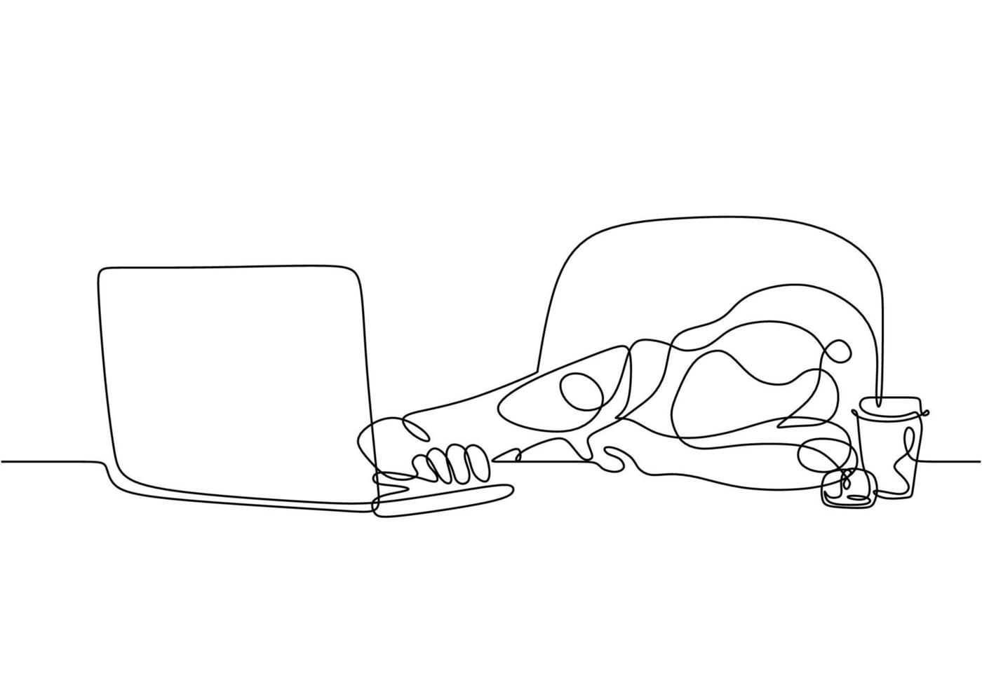 dibujo de línea continua chica cansada, mujer con laptop durmiendo vector