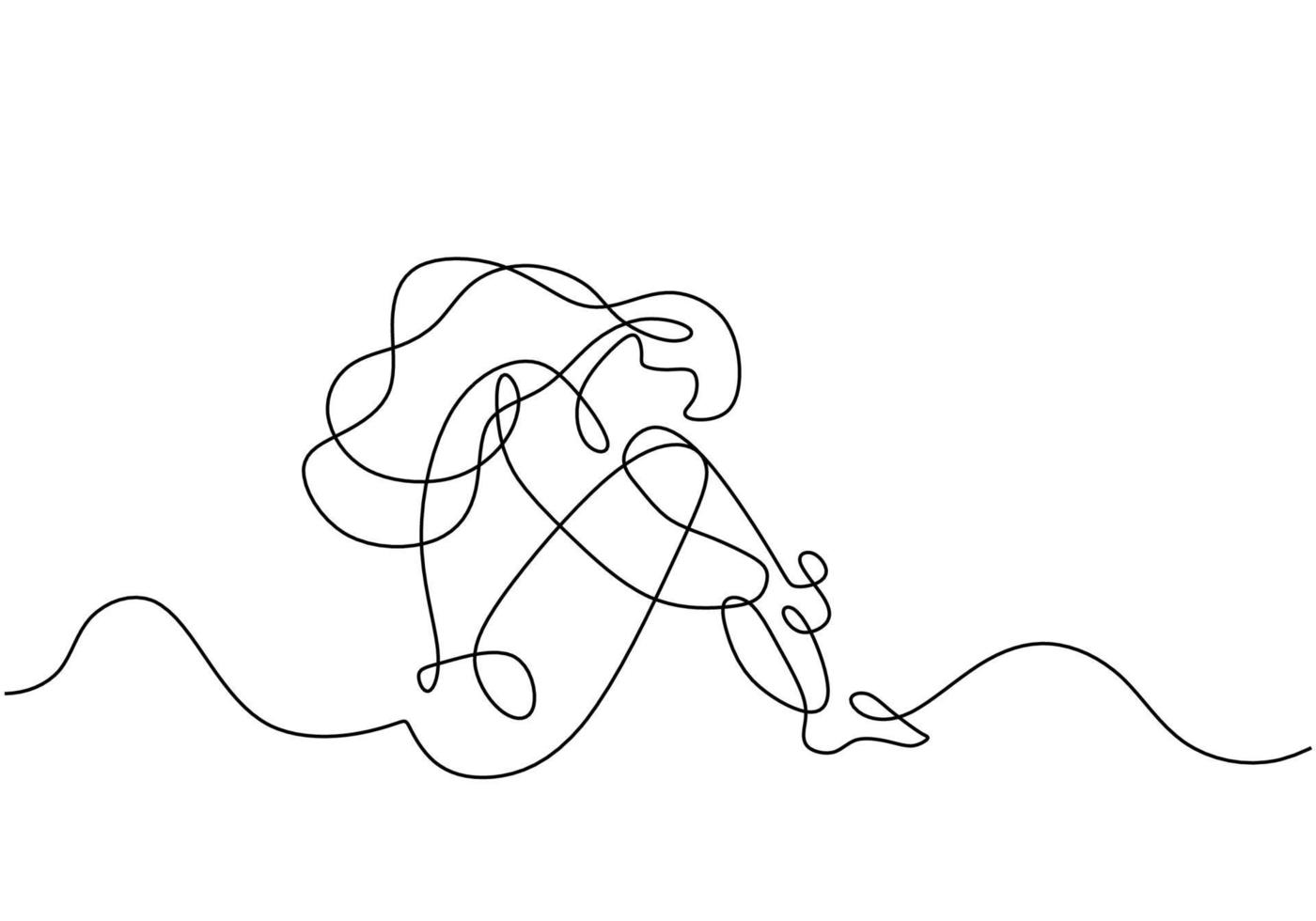 Sad girl sitting continuous line drawing vector