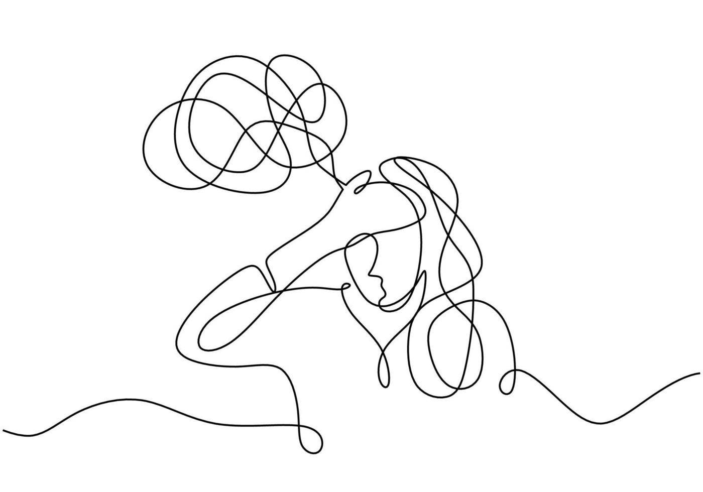 Sad, unhappy young woman continuous line drawing. Psychology problem vector