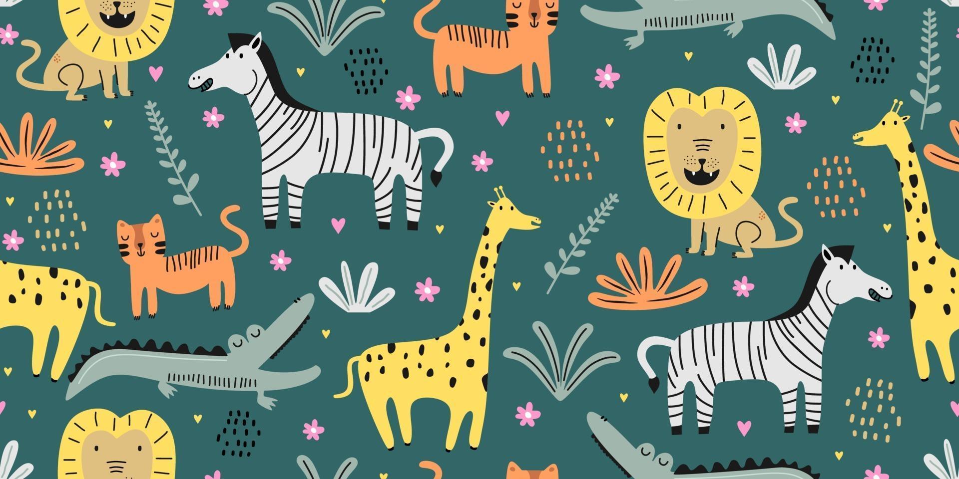 Cute animal seamless pattern with jungle drawing vector