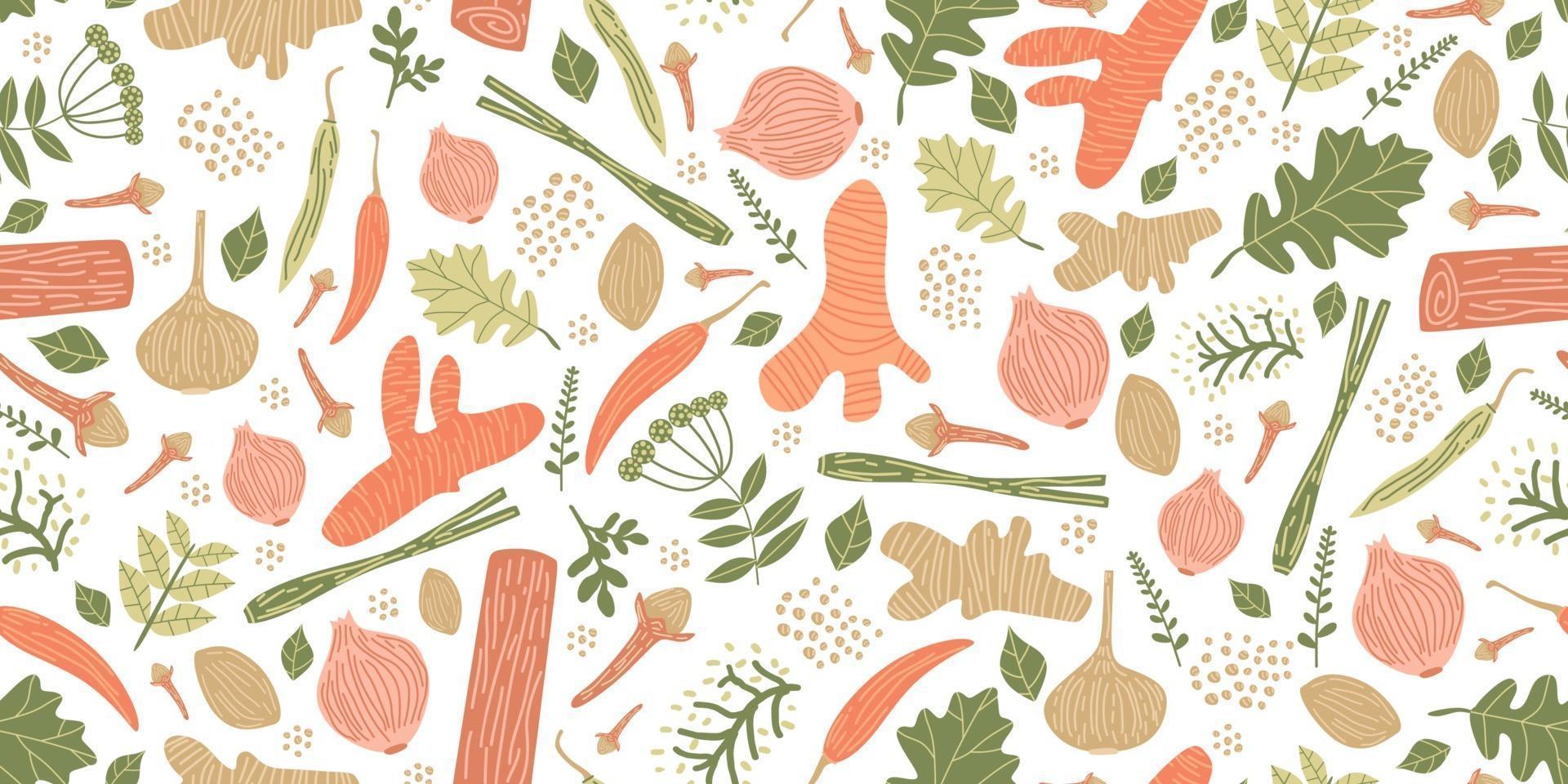 Seamless pattern with herbs and spices hand drawn vector