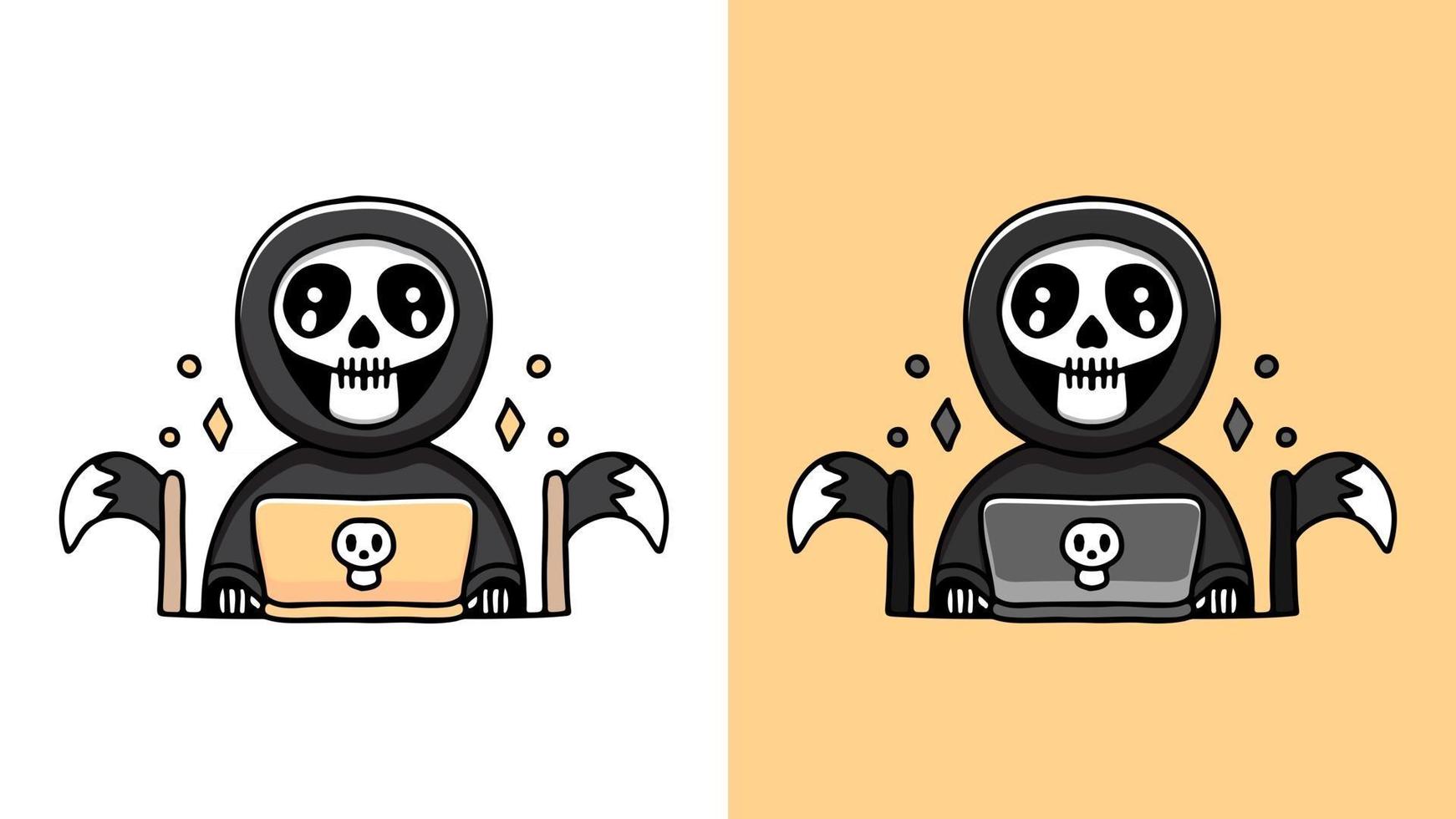 grim reaper playing a laptop cartoon. illustration for sticker vector