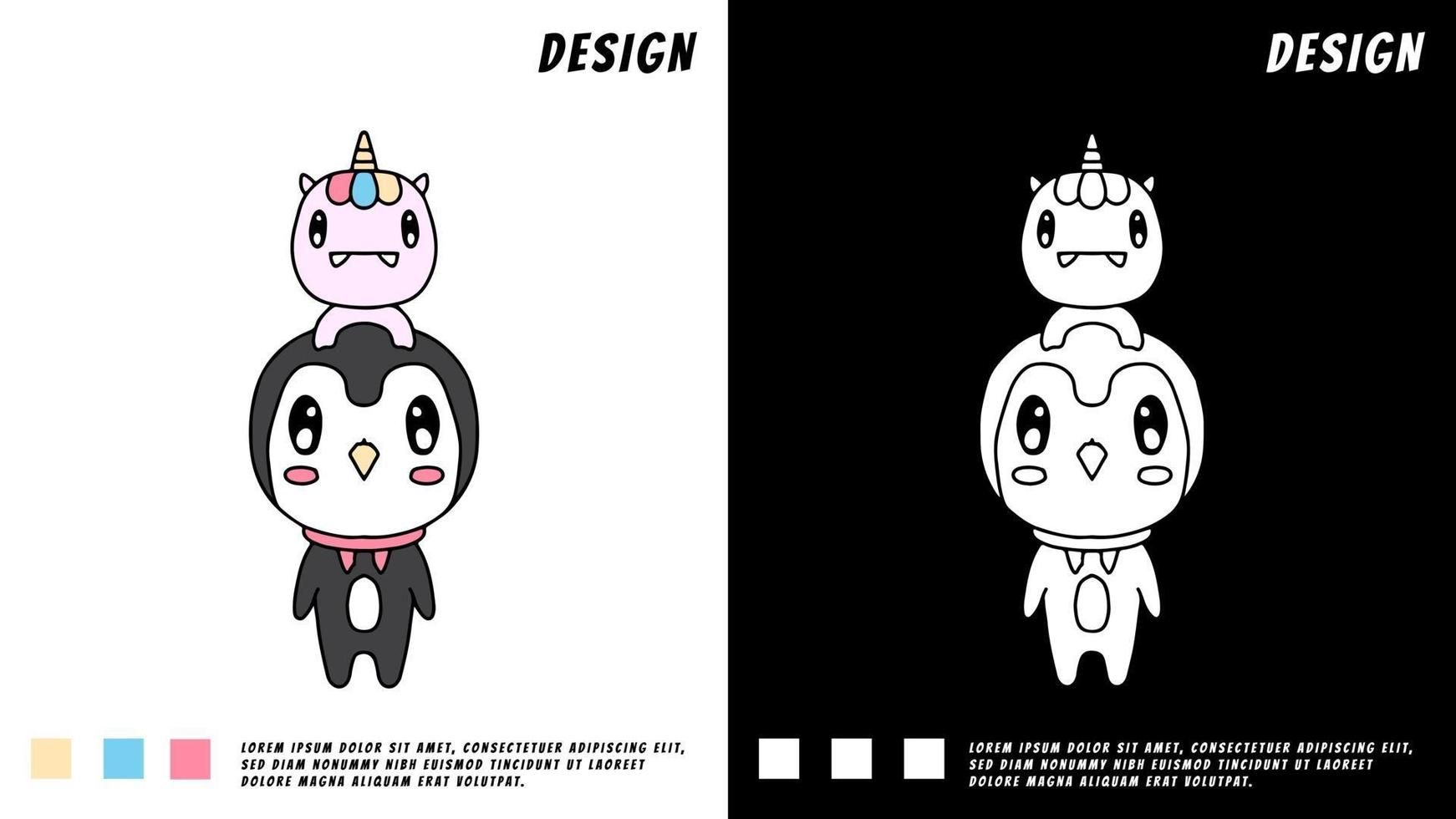 vely pingüino y bebé unicornio, ilustración para camiseta, pegatina vector