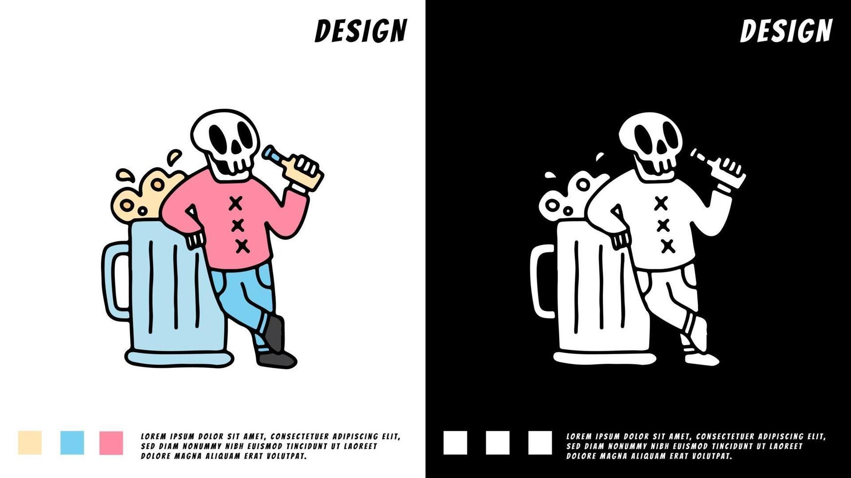 cervezas de bebida de calavera de moda, ilustración para camiseta, póster, pegatina vector