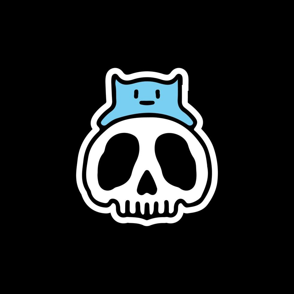 skull head and cute cat sticker. retro illustration. vector