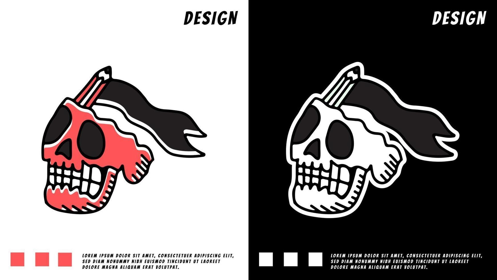 skull head with pencil and flags, illustration for t-shirt, sticker vector