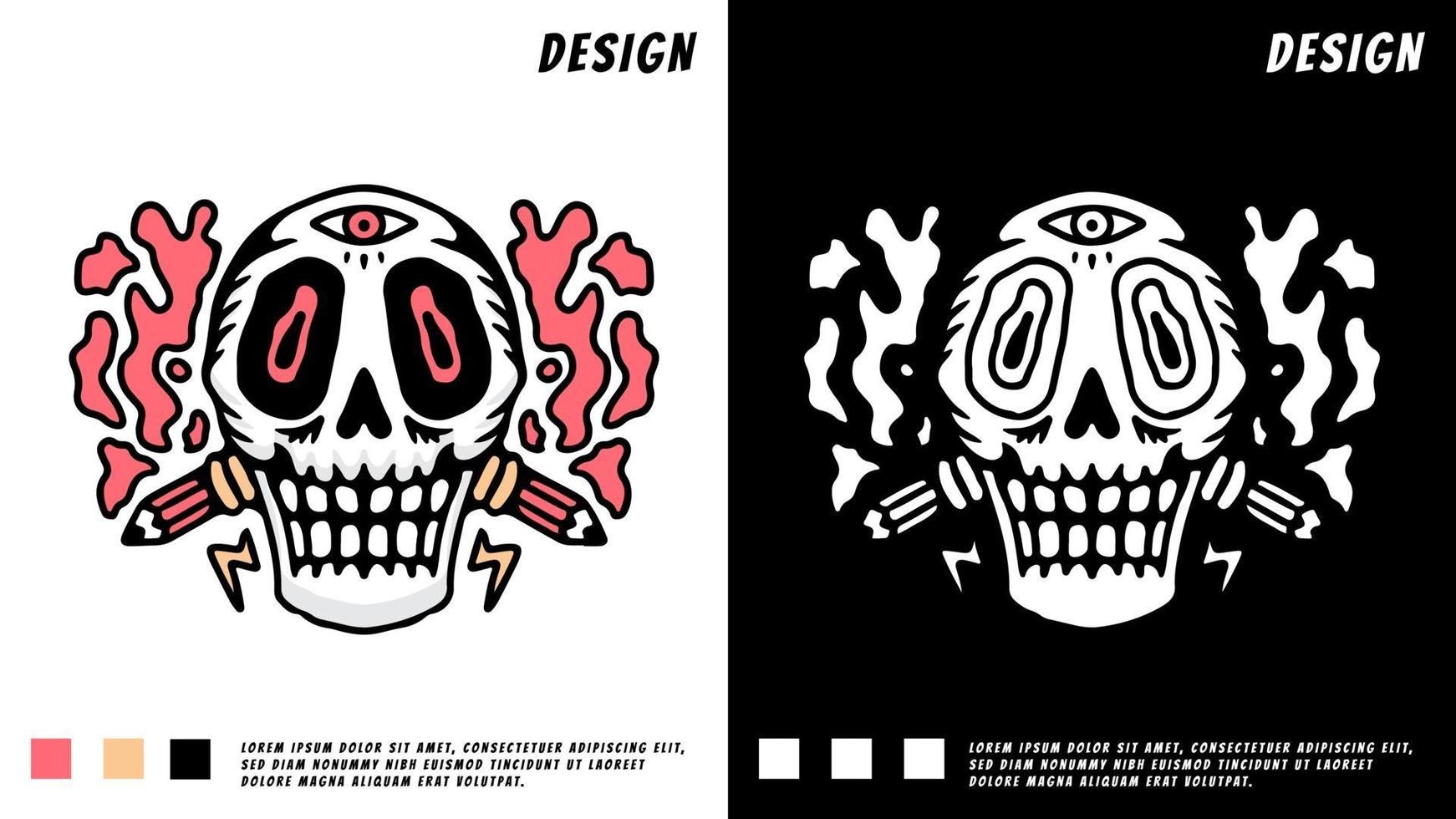 skull head with crossed pencils, illustration for t-shirt vector