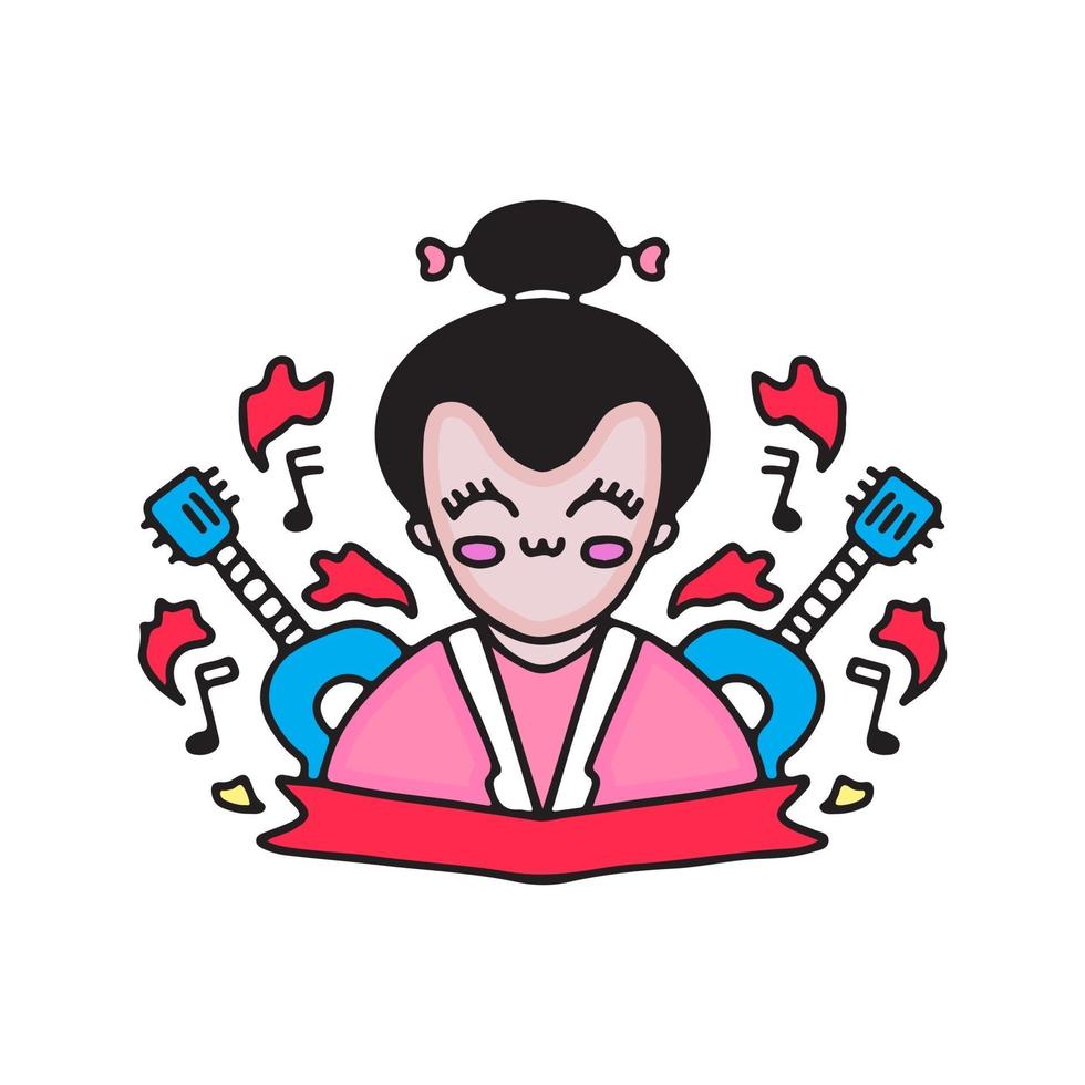 Cute clip art japanese geisha with guitars. Cartoon illustration. vector