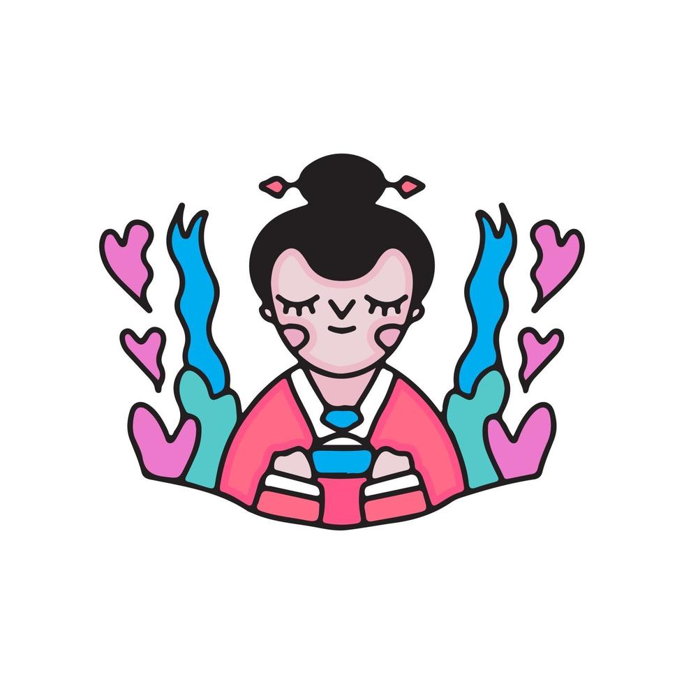 Cute geisha with perfume. Cartoon illustration. vector