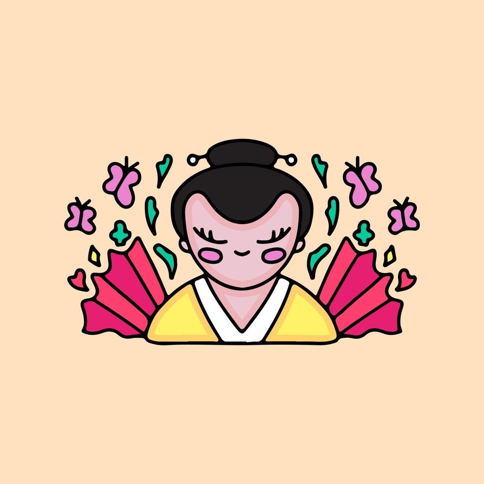 belleza geisha japonesa con abanico de mano. ilustración de dibujos animados. vector