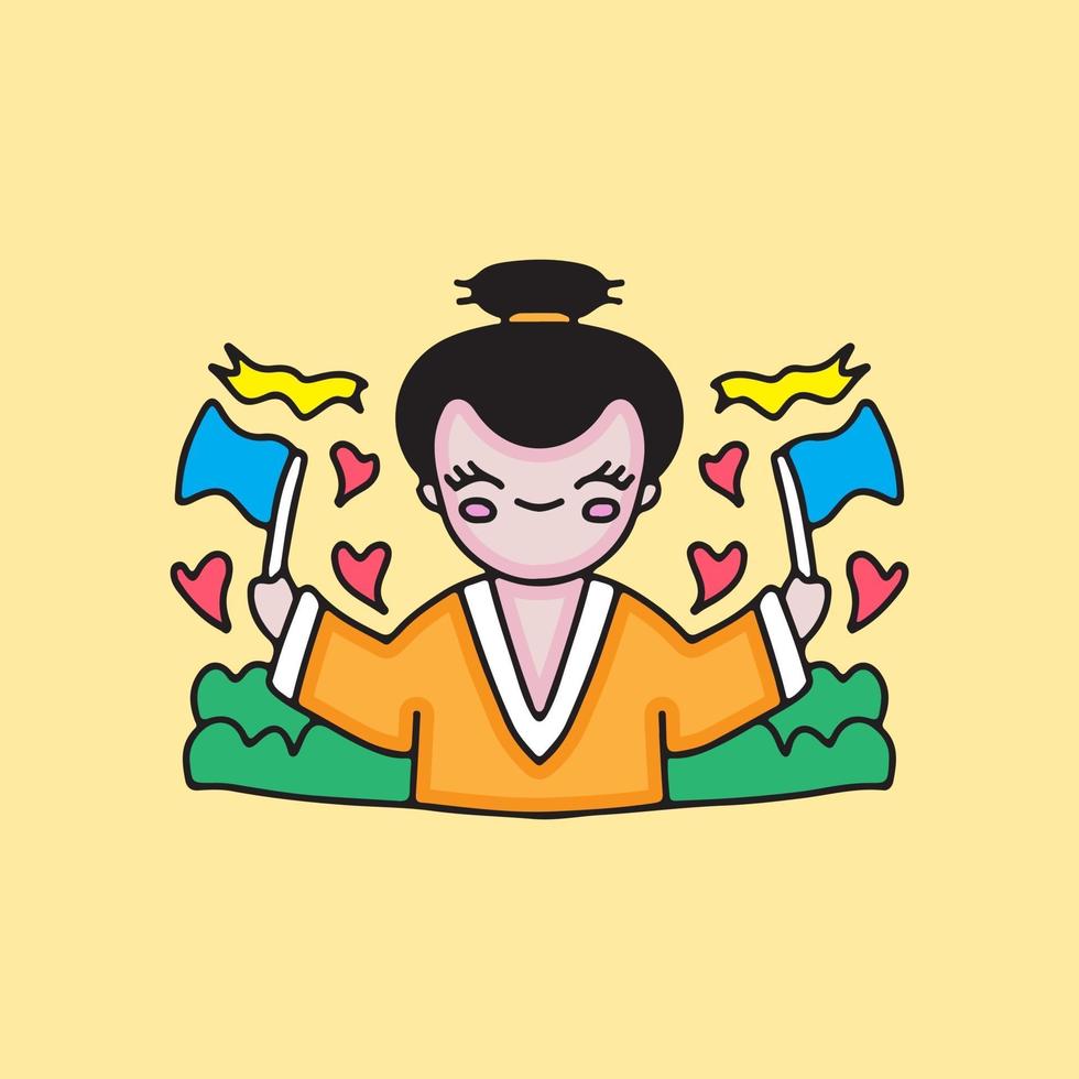 geisha with flags. Cartoon illustration. vector