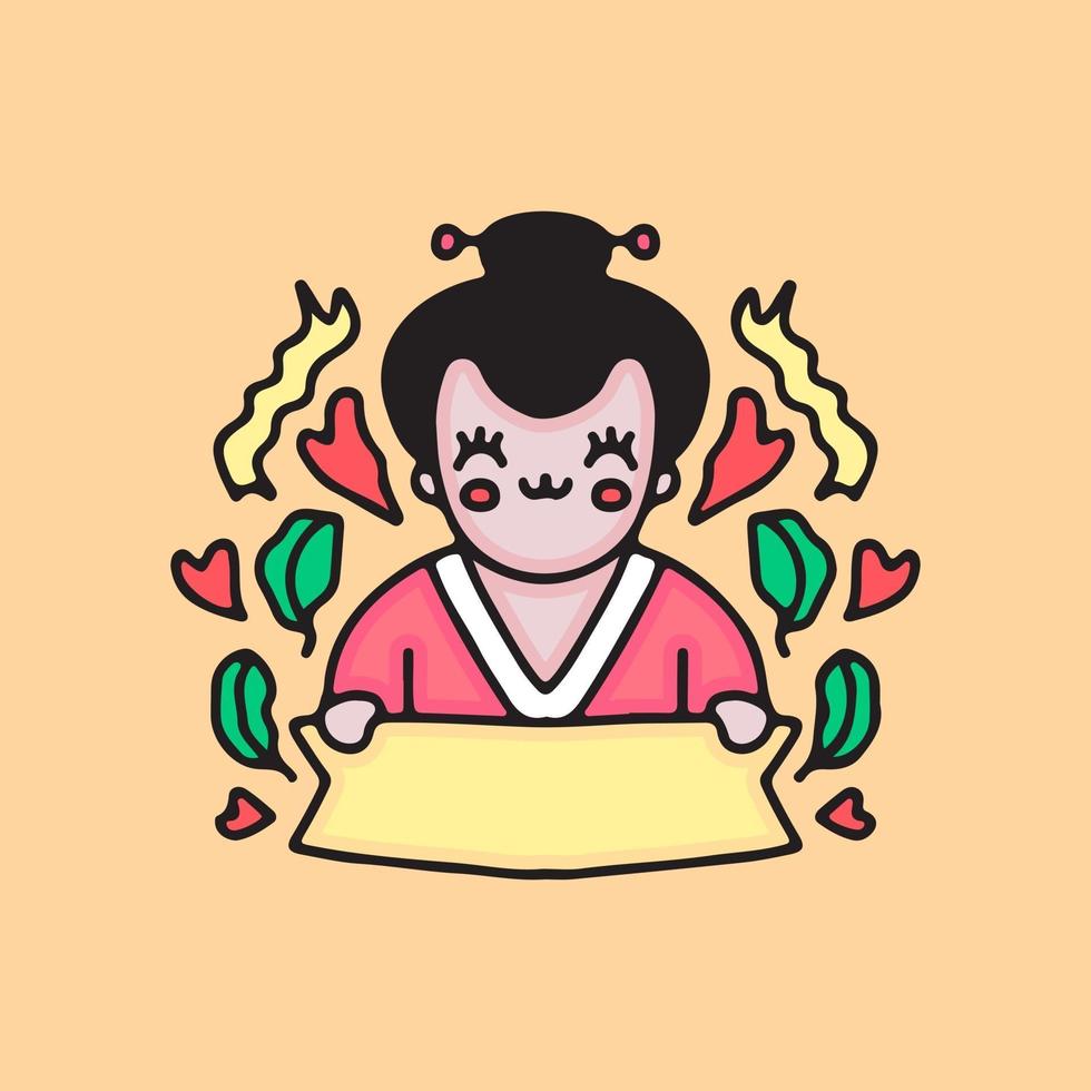 geisha holding empty note. cartoon illustration. vector