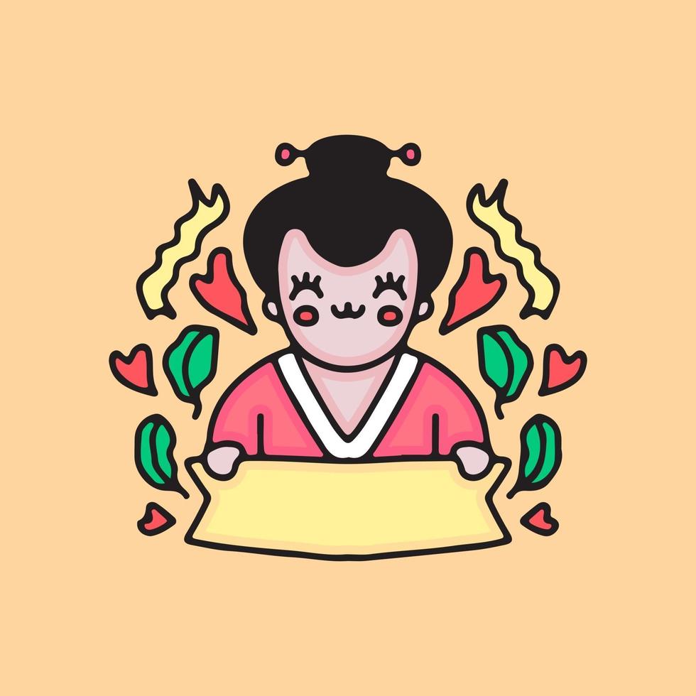 geisha con nota vacía. ilustración de dibujos animados. vector