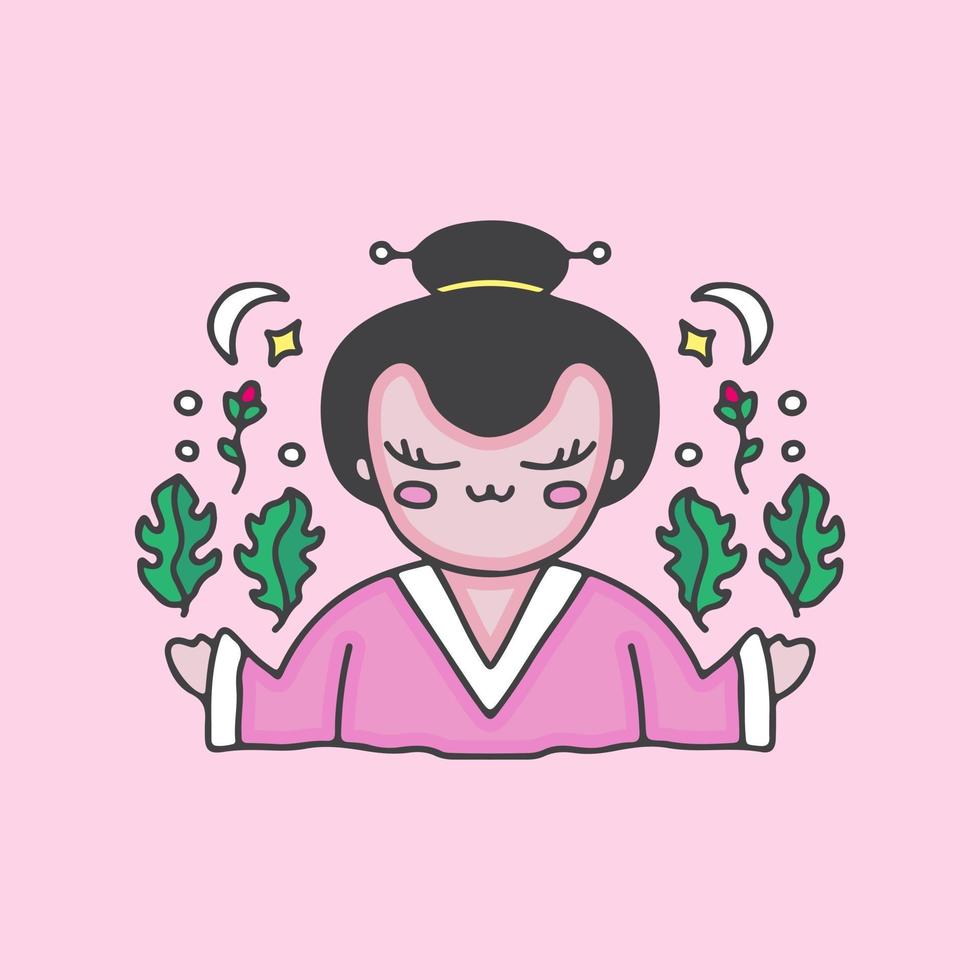 encantadora geisha con flores. Ilustración de dibujos animados de mascota. vector