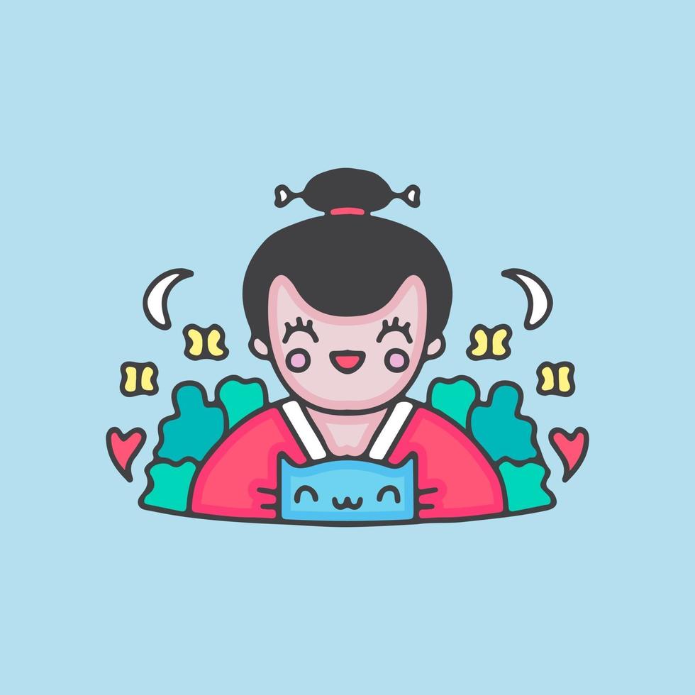 geisha kawaii con gato. ilustración de dibujos animados. vector