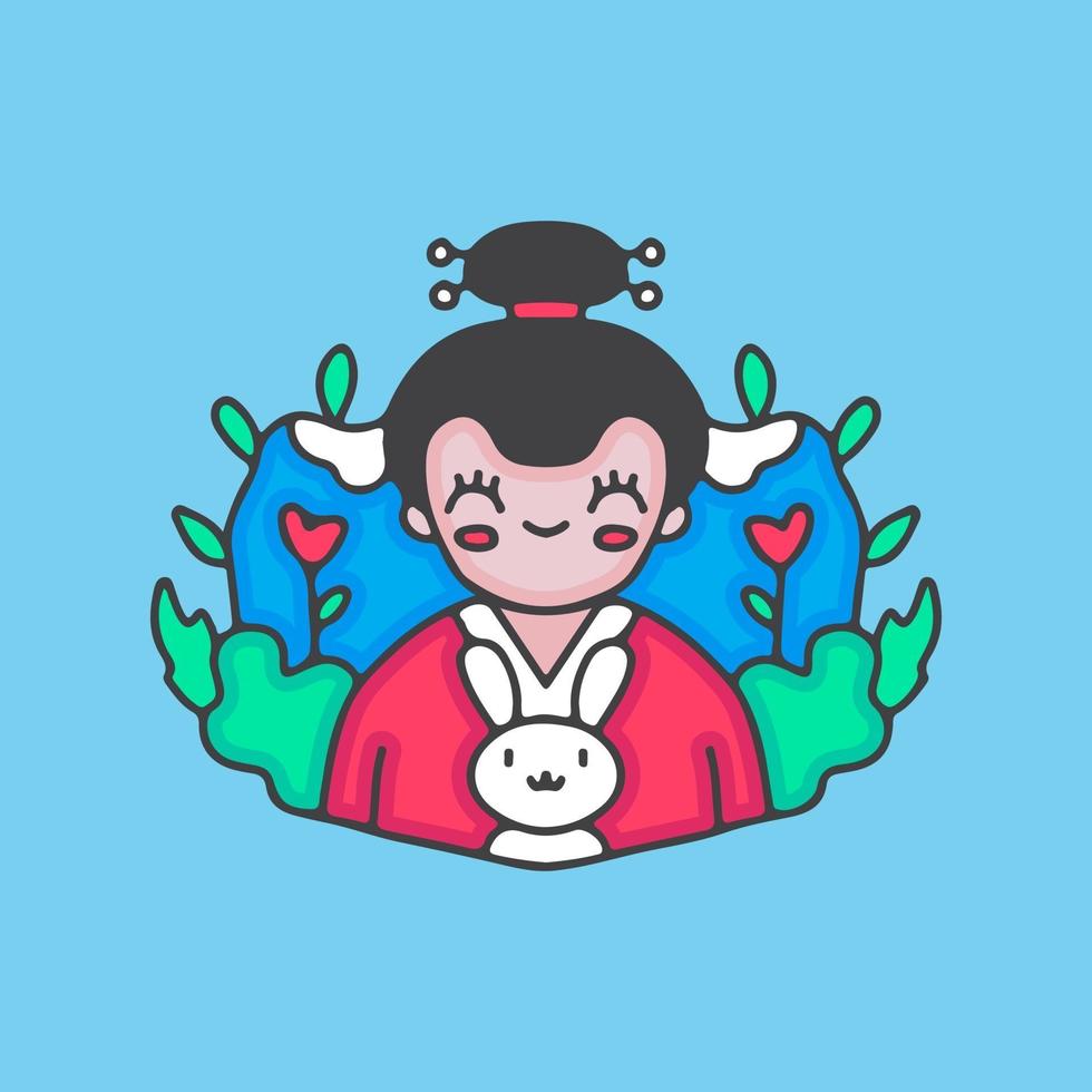 kawaii geisha with rabbit. cartoon illustration. vector