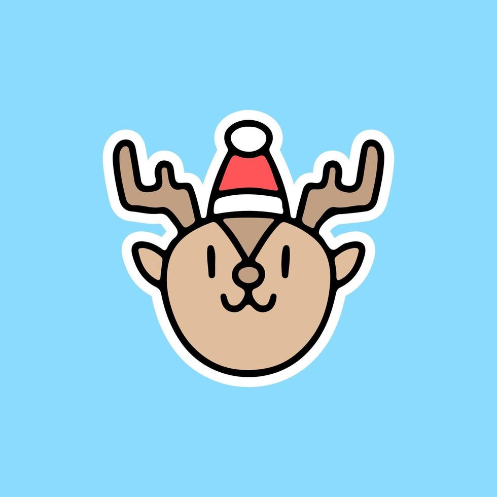 Reno kawaii usa gorro de Papá Noel, ilustración para pegatina vector