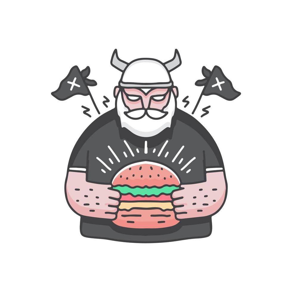 bearded viking with burger, illustration for stickers and t shirt. vector