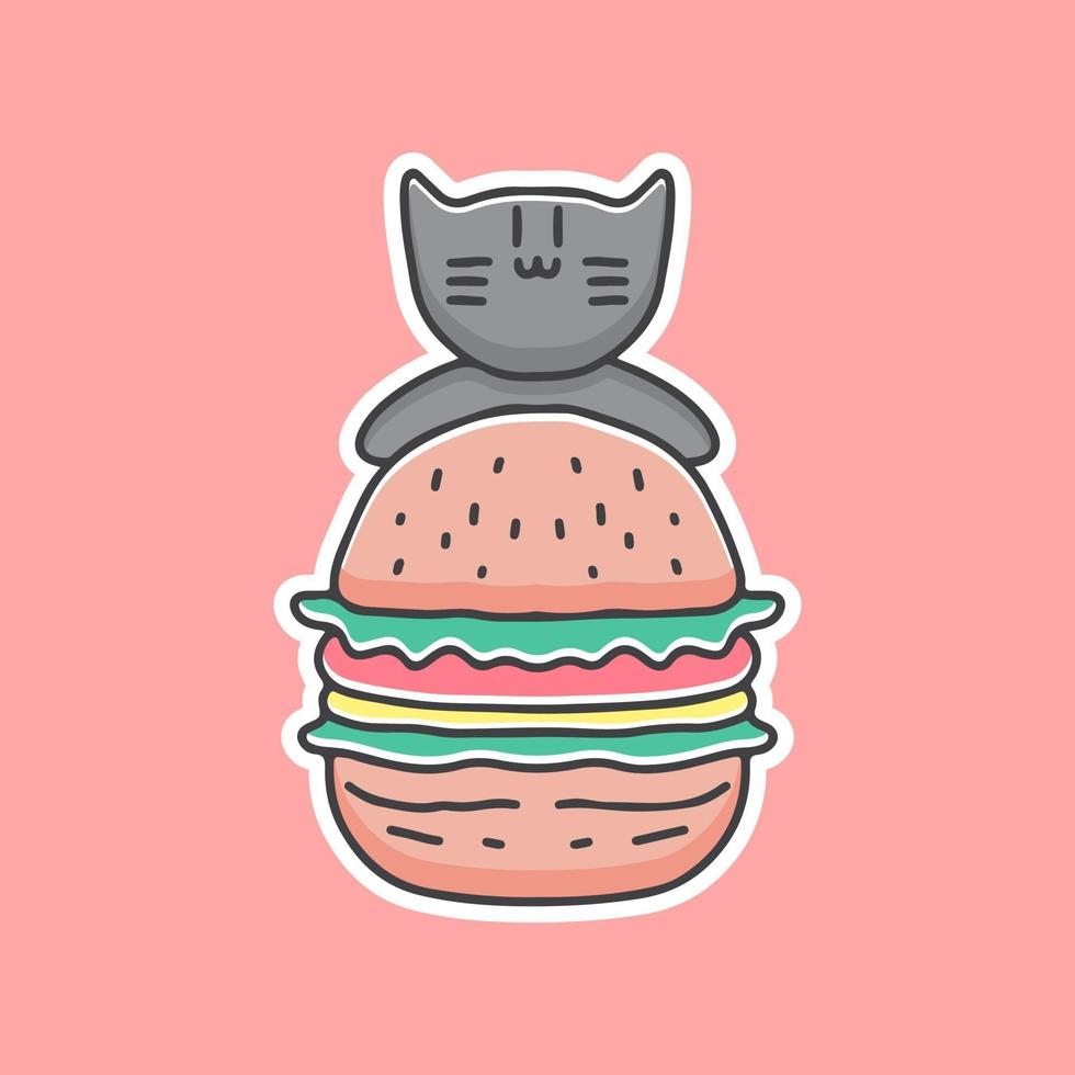 cute black cat with burger cartoon, for stickers and t shirt. vector