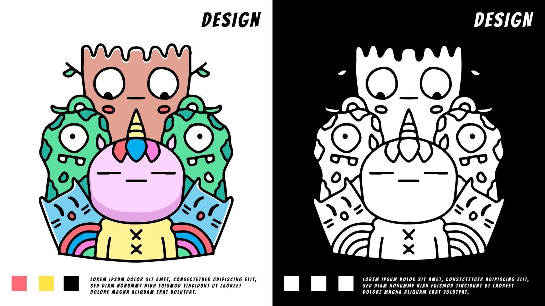 doodle cartoon lazy unicorn and monsters , illustration for t-shirt vector