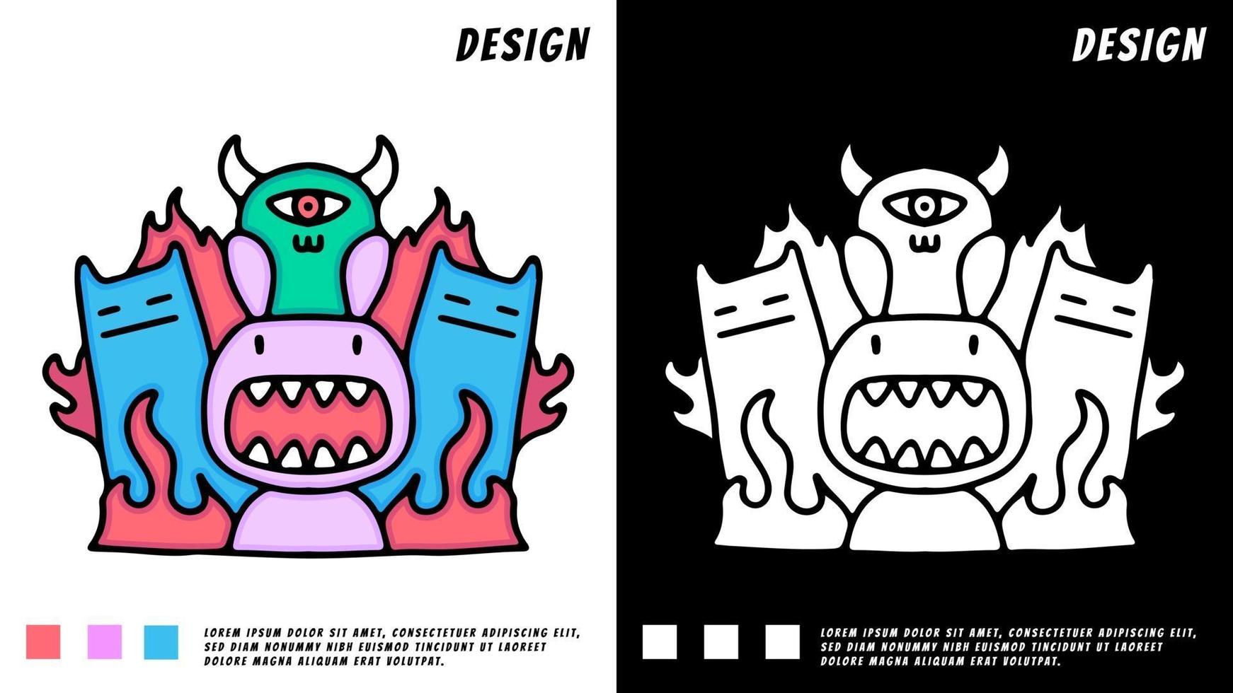 Doodle monster bunny and friend illustration. For t-shirt vector