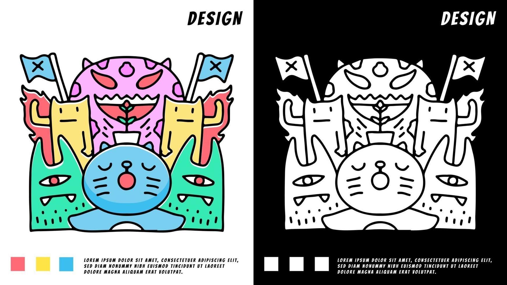 doodle sleeping cat and monsters, illustration for t shirt vector