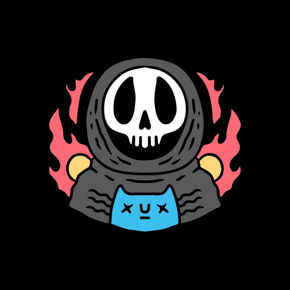 retro grim reaper skull and cat, design for t shirt or sticker vector