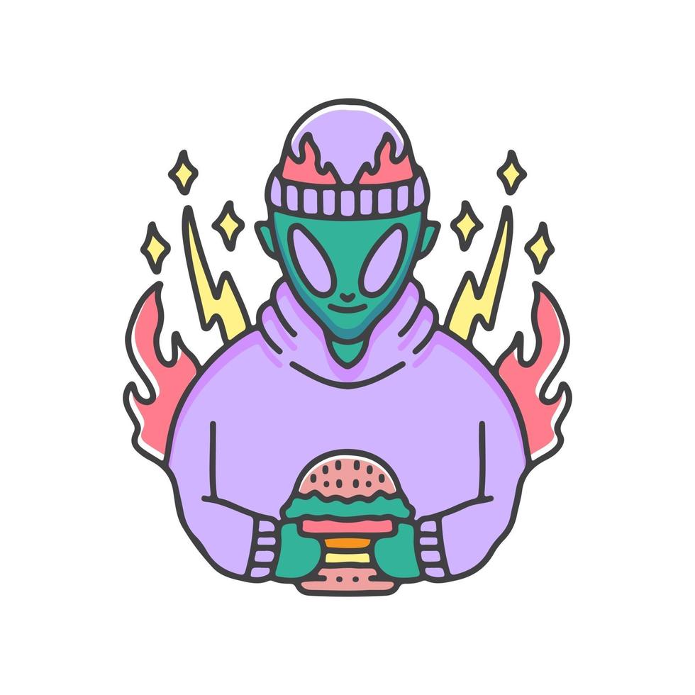 alien in beanie with burger, illustration for stickers and t shirt. vector