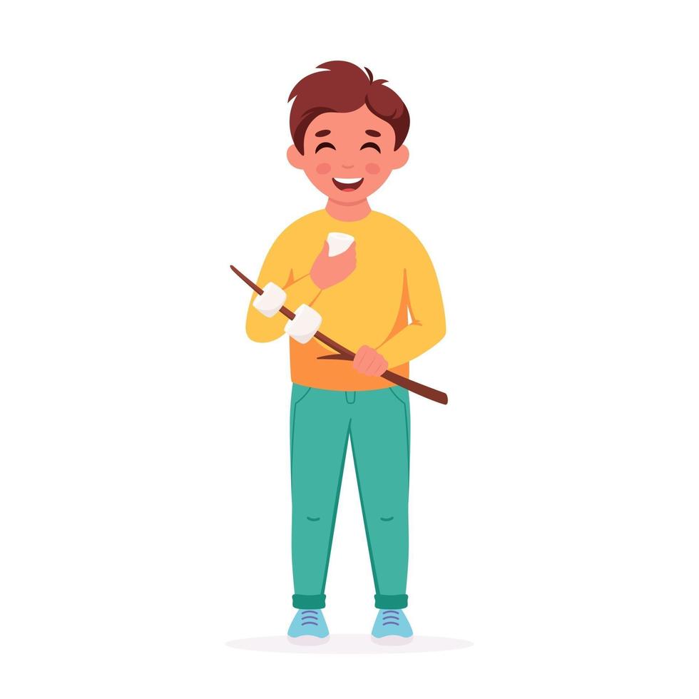 Little boy with marshmallow. Boy scout. Camping, summer kids camp vector