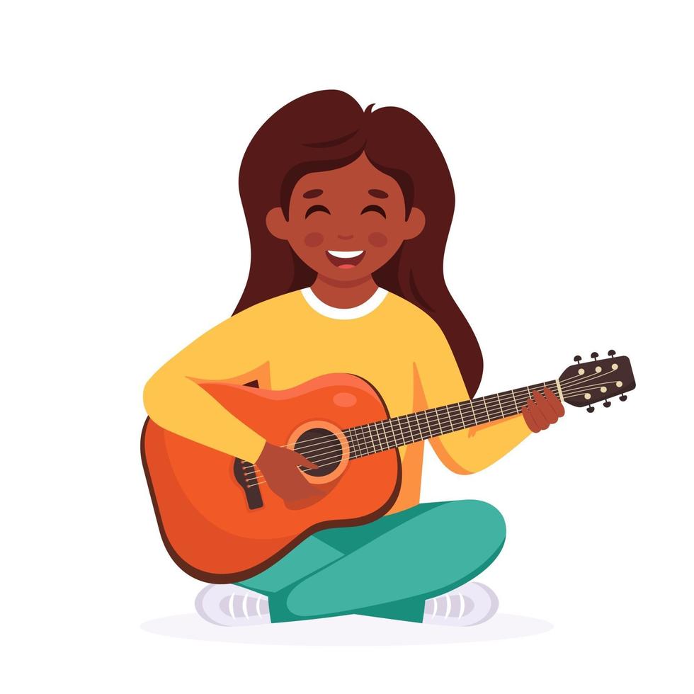Little black girl playing guitar. Child playing musical instrument. vector