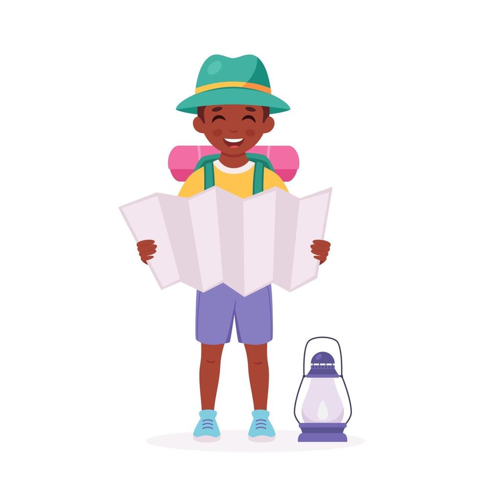 boy scout negro con mapa, mochila. camping, campamento de verano para niños. vector