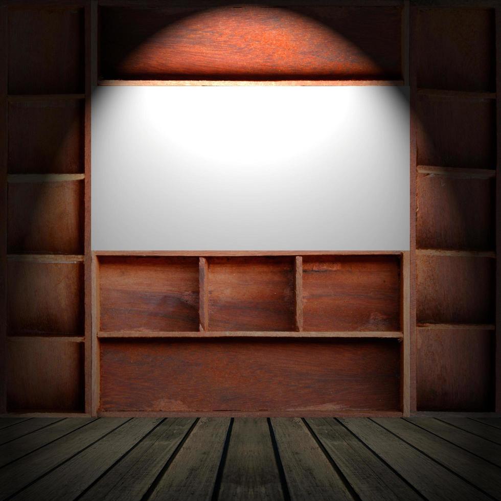 Empty brown wood cabinet shelf photo