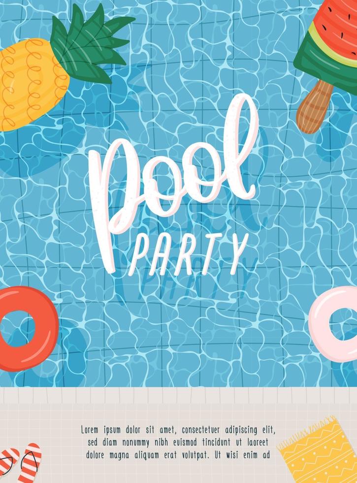 Pool party poster or flyer with swimming pool and swim ring. vector