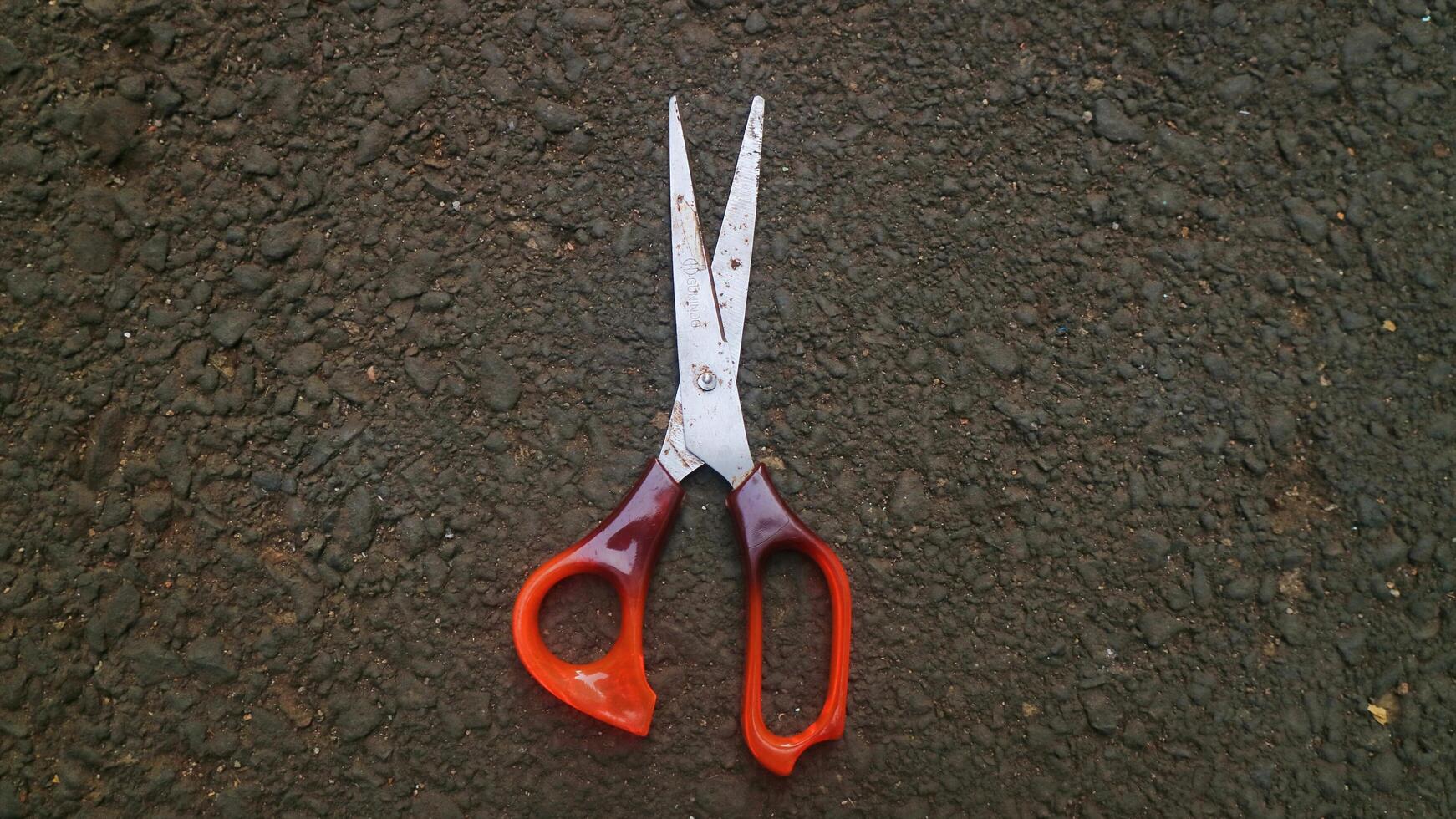 Scissors lying on asphalt photo