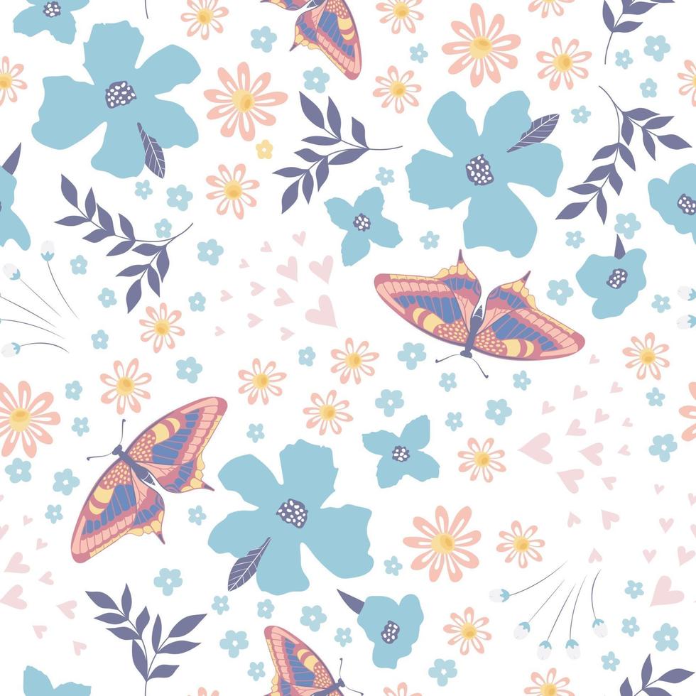 Butterfly, flowers and leaves. Seamless pattern. vector