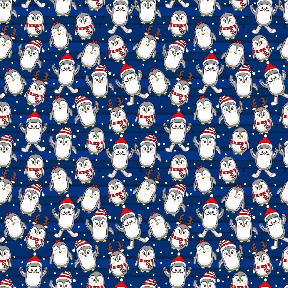 Seamless pattern of cute little penguins in funny. vector