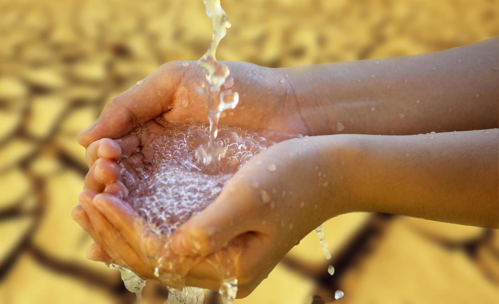 sosteniendo agua en las palmas en tierra seca foto