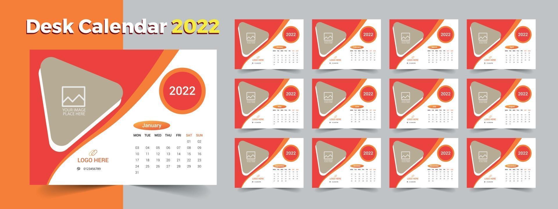 calendario de escritorio 2022, plantilla de calendario de 12 meses vector