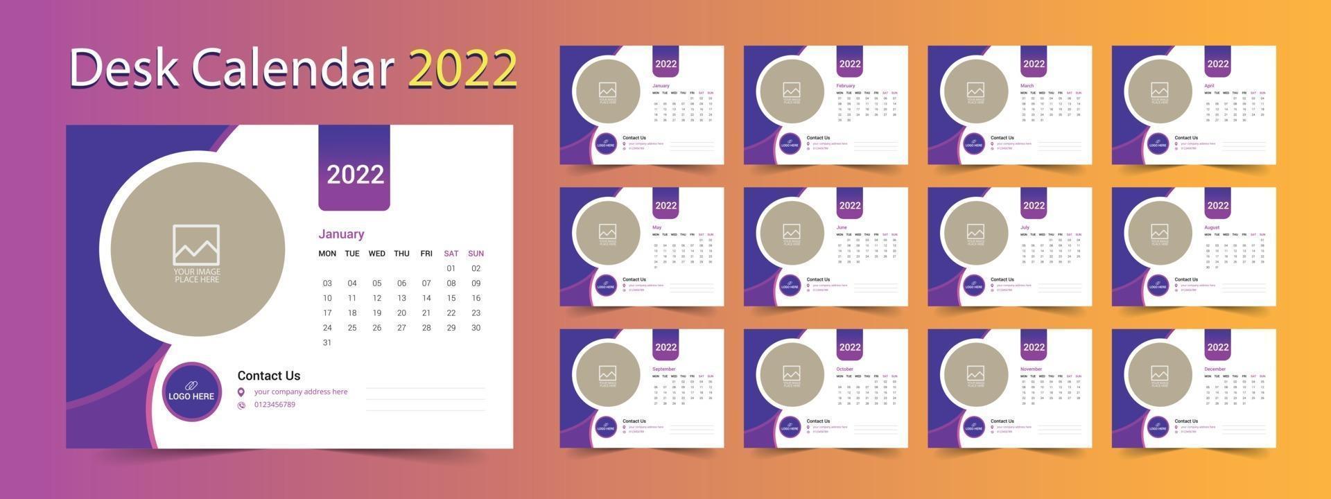 calendario de escritorio 2022, plantilla de calendario de 12 meses vector