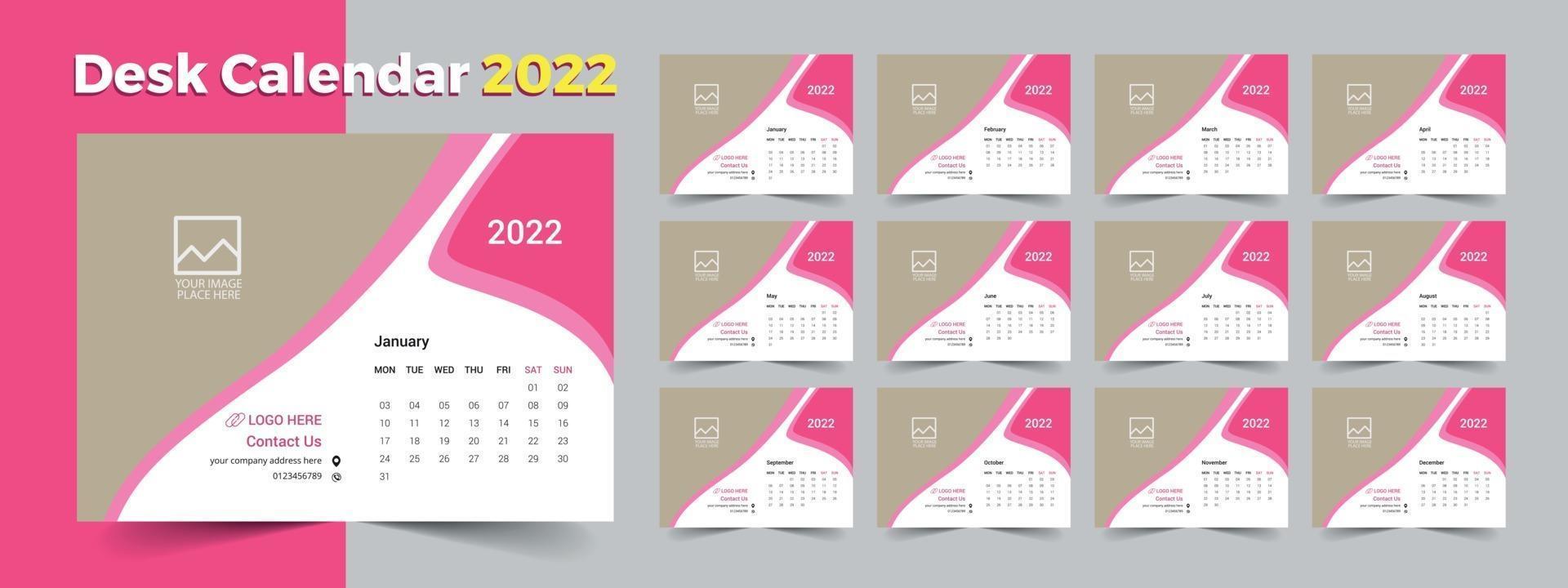 calendario de escritorio 2022, plantilla de calendario de 12 meses vector