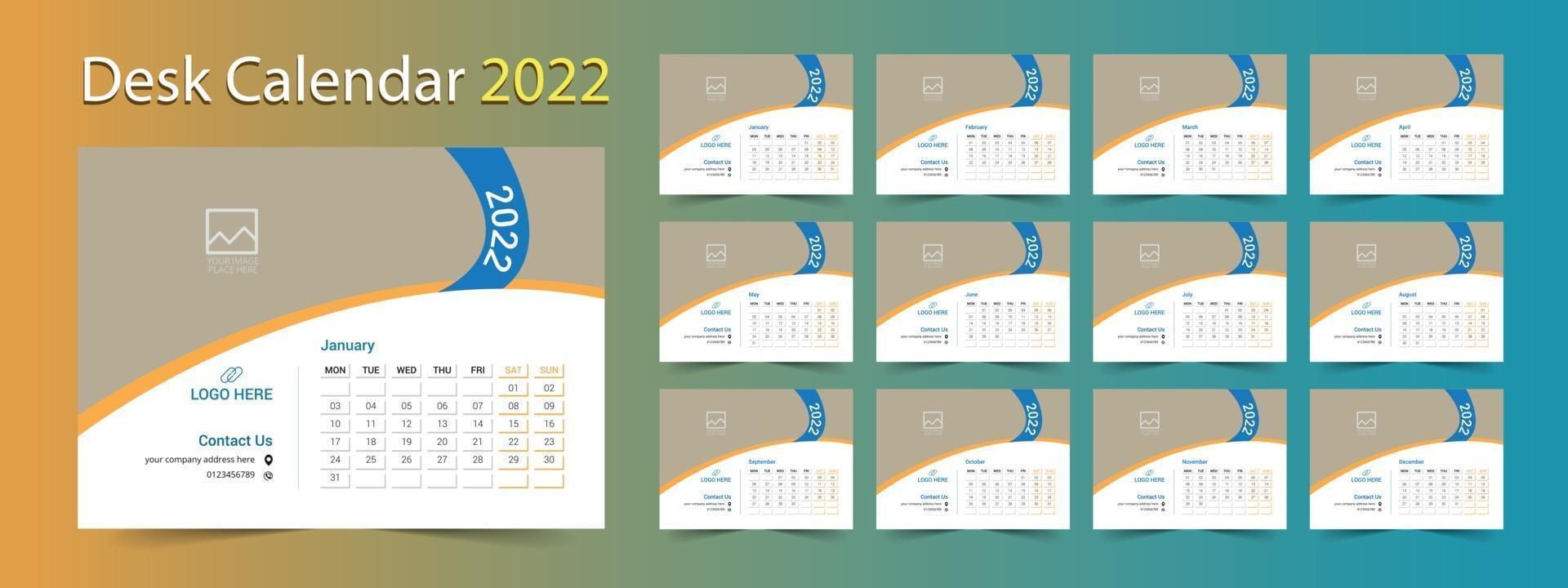 calendario de escritorio 2022, plantilla de calendario de 12 meses vector